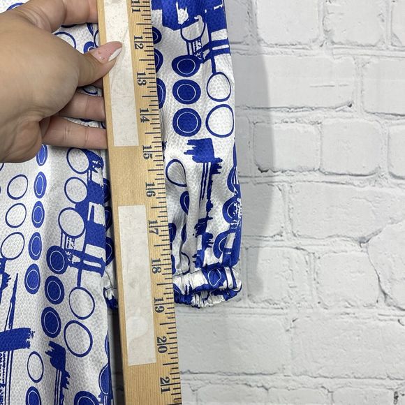 Dress Limited Collection 100% Silk Size 4 Mini Round Neck Geo Blue Flowy Soft - Picture 4 of 11